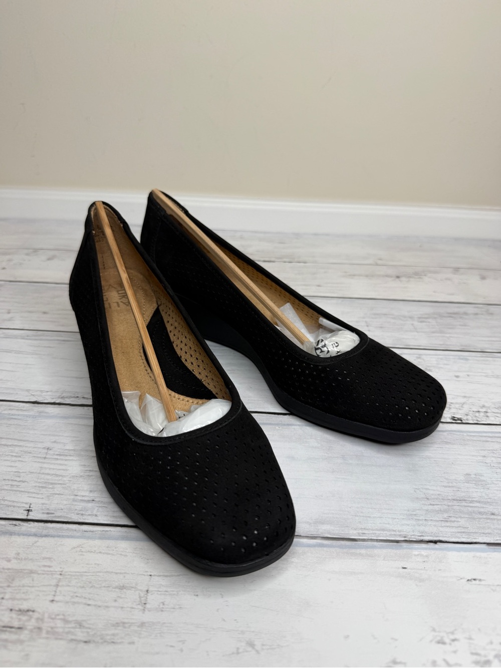 Naturalizer Black Perforated Suede Mid Heel Pumps